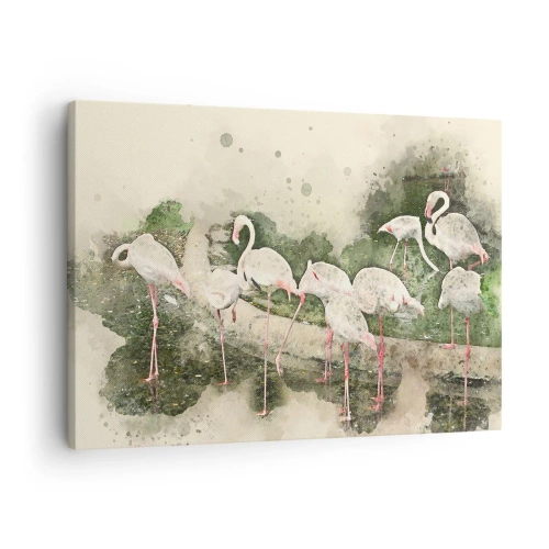 Impression sur toile - Image sur toile - Flamants roses dans leur environnement naturel dans un style aquarelle - 70x50cm - Rêve exotique - Décoration murale moderne pour le salon et la chambre ARTTOR