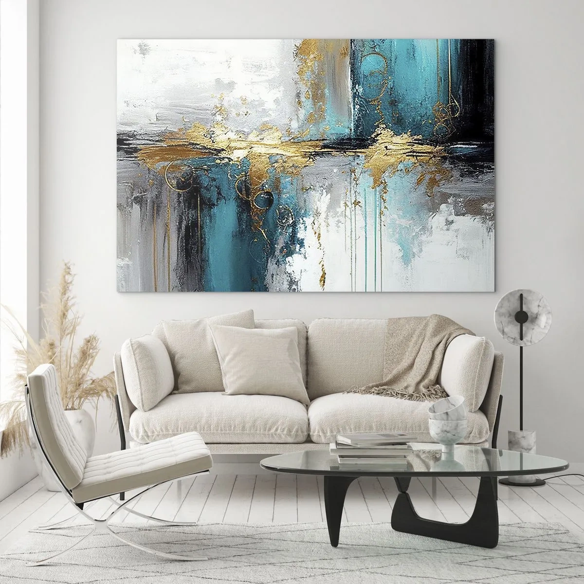 Impression sur verre - Image sur verre - Abstraction avec turquoise et or sur fond blanc - 120x80cm - Tout coule - Décoration murale moderne pour le salon et la chambre ARTTOR