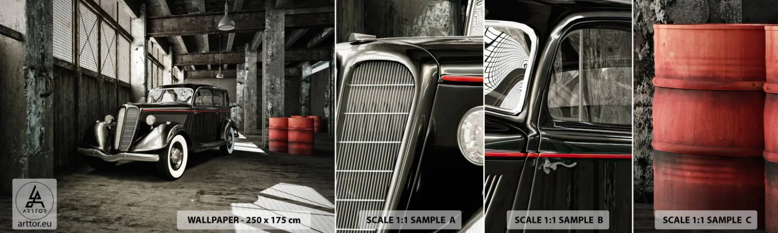 Échantillon De Papier Peint Standard Eco - L'élégance éternelle des années 30 - Automobile, Voiture rétro, Entrepôt d'usine - 100x30 cm