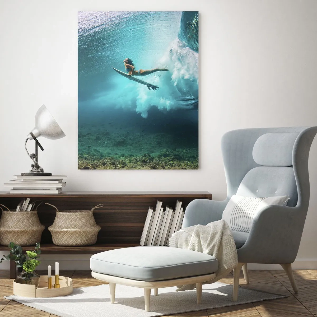 Impression sur verre - Image sur verre - Surfeur sous une vague dans l'eau bleue de l'océan - 80x120cm - Monde sous marin - Décoration murale moderne pour le salon et la chambre ARTTOR