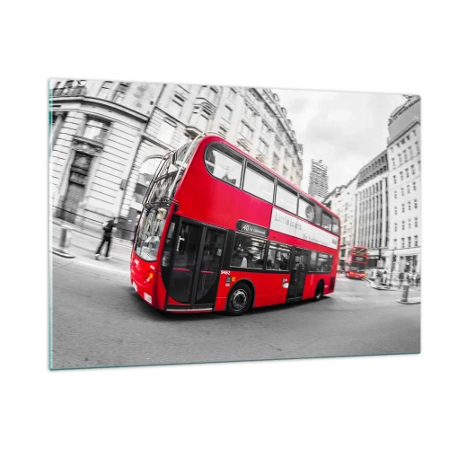 Impression sur verre - Image sur verre - Un bus rouge en mouvement sur fond de rues de Londres - 120x80cm - Londres traditionnellement - en bus - Décoration murale moderne pour le salon et la chambre ARTTOR