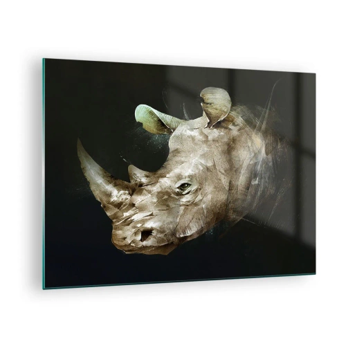 Impression sur verre - Image sur verre - Représentation artistique d'une tête de rhinocéros sur fond sombre - 70x50cm - La force vraiment masculine - Décoration murale moderne pour le salon et la chambre ARTTOR
