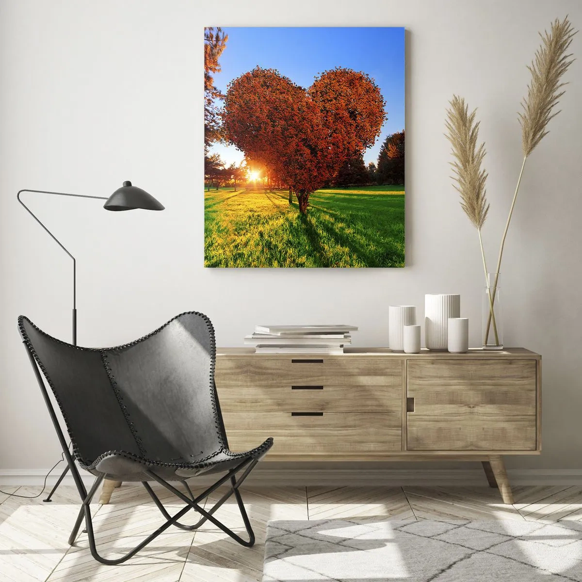 Impression sur verre - Image sur verre - Un arbre en forme de cœur dans un paysage d'automne - 70x100cm - Et comment ne pas aimer tomber - Décoration murale moderne pour le salon et la chambre ARTTOR