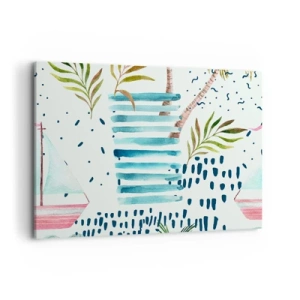 Impression sur toile - Image sur toile - Motif abstrait avec des palmiers et des accents nautiques - 120x80cm - Des vacances sous les palmiers - Décoration murale moderne pour le salon et la chambre ARTTOR