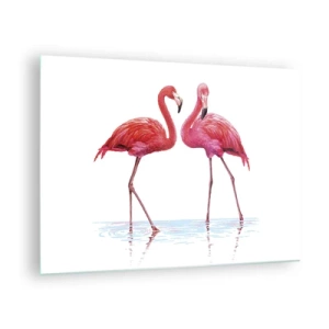 Impression sur verre - Image sur verre - Deux flamants roses debout dans l'eau - 70x50cm - Rendez-vous rose - Décoration murale moderne pour le salon et la chambre ARTTOR