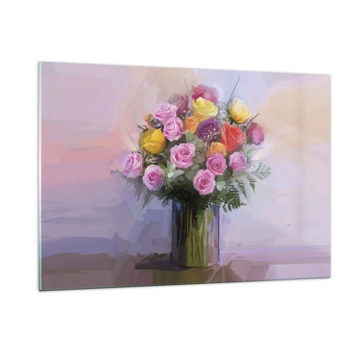 Impression sur verre - Image sur verre - Un bouquet de roses dans un vase en verre sur fond pastel - 120x80cm - Beauté conservée - Décoration murale moderne pour le salon et la chambre ARTTOR