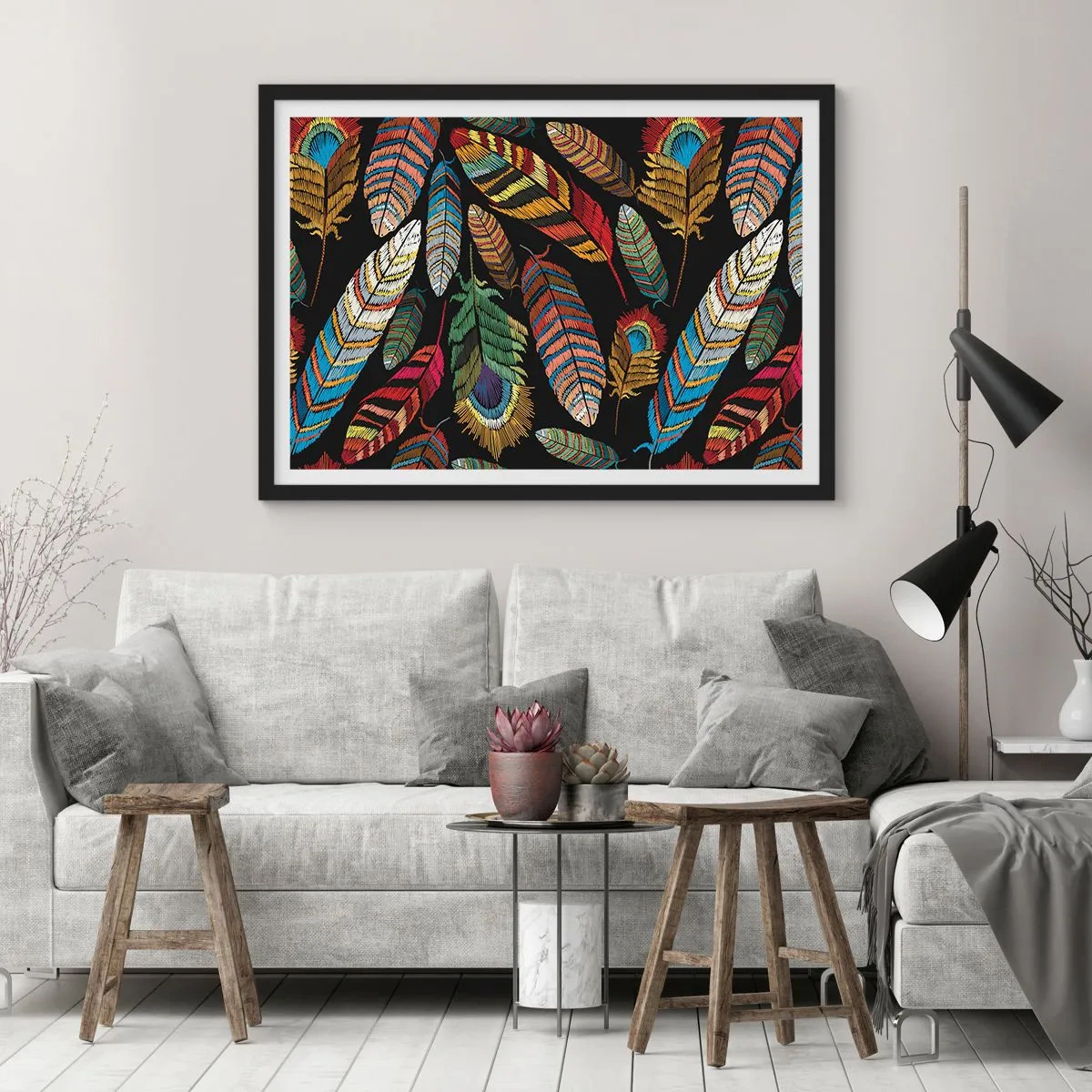 Affiche dans un cadre noir - Poster - Plumes colorées sur fond noir - 70x50cm - Le carnaval des oiseaux - Décoration murale moderne pour le salon et la chambre ARTTOR