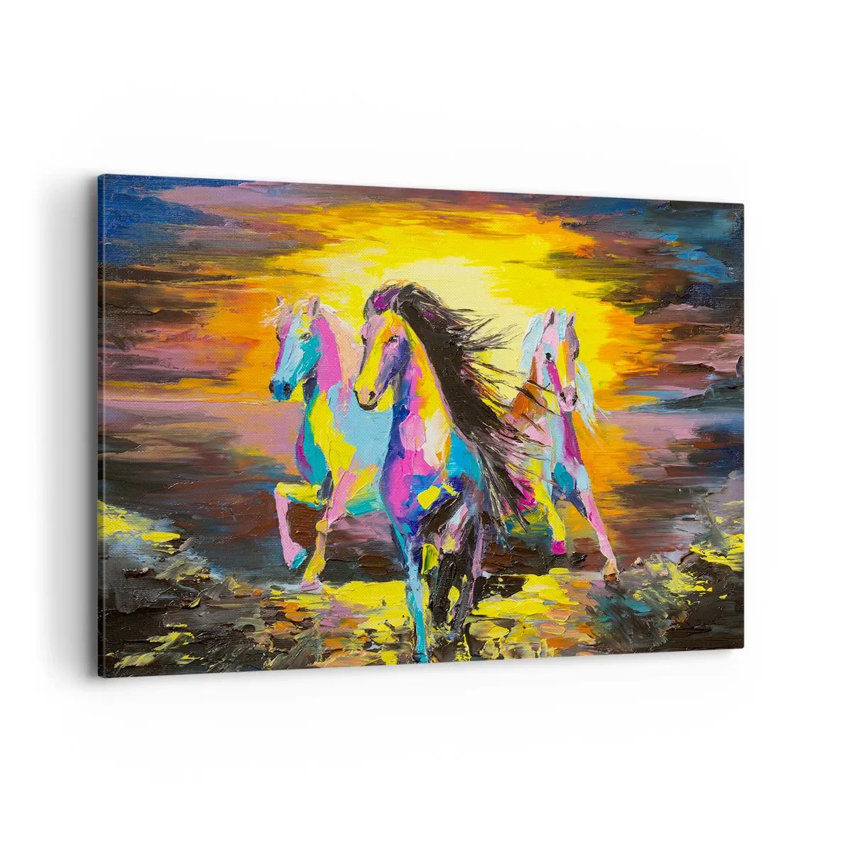 Impression sur toile - Image sur toile - Chevaux colorés galopant sur fond de soleil couchant - 120x80cm - Immergé dans l'arc-en-ciel - Décoration murale moderne pour le salon et la chambre ARTTOR