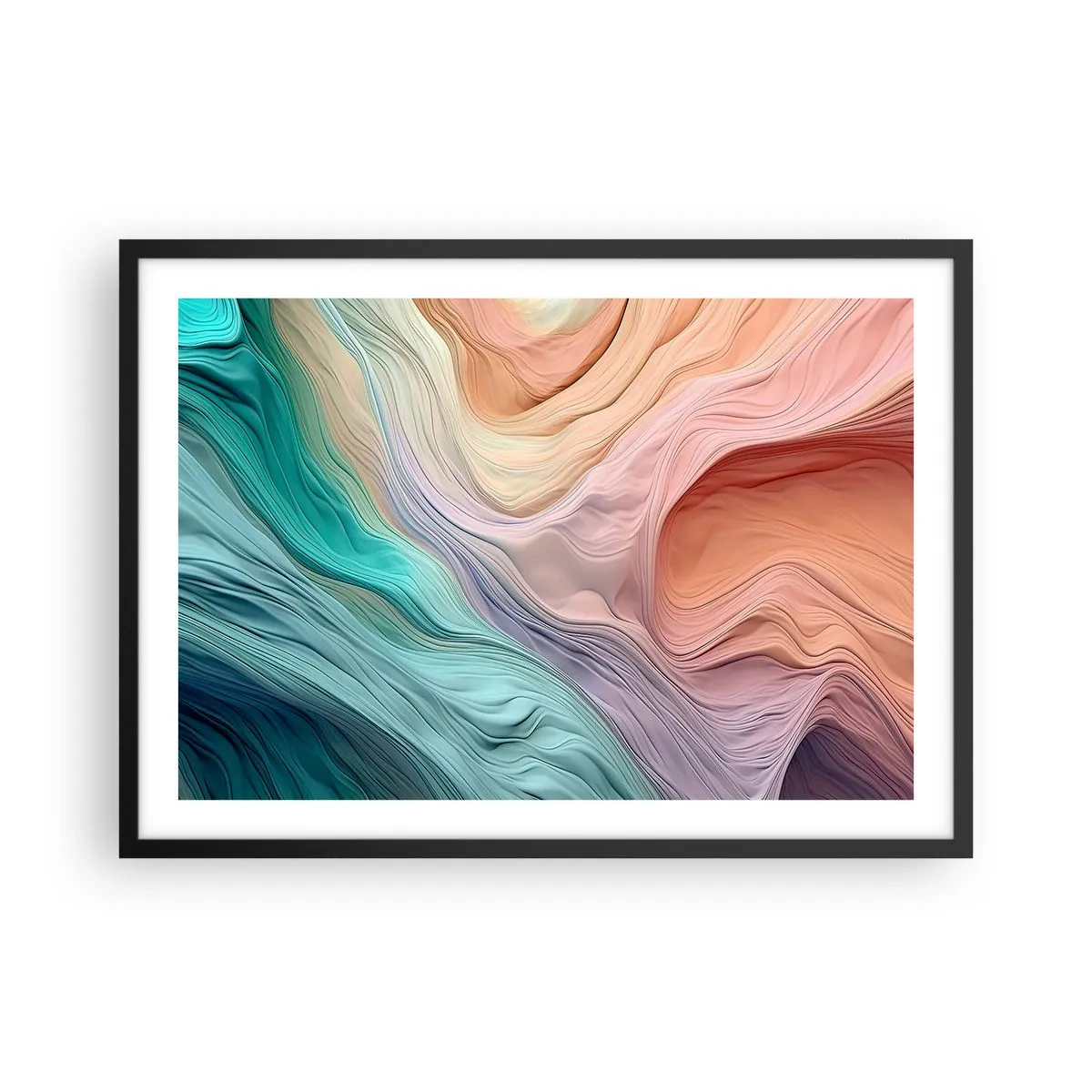 Affiche dans un cadre noir - Poster - Vagues abstraites aux couleurs pastel et arc-en-ciel - 70x50cm - Vague arc-en-ciel - Décoration murale moderne pour le salon et la chambre ARTTOR