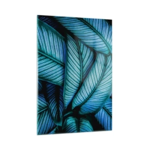 Impression sur verre - Image sur verre - Gros plan de feuilles turquoise à la texture intense. - 50x70cm - Lignes de vie - Décoration murale moderne pour le salon et la chambre ARTTOR