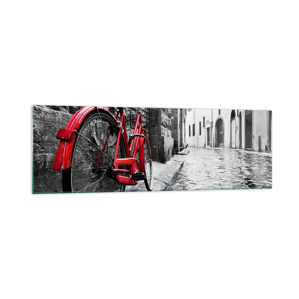 Impression sur verre - Image sur verre - Vélo rouge dans une rue en noir et blanc - 160x50cm - La vraie beauté ne vieillit pas - Décoration murale moderne pour le salon et la chambre ARTTOR