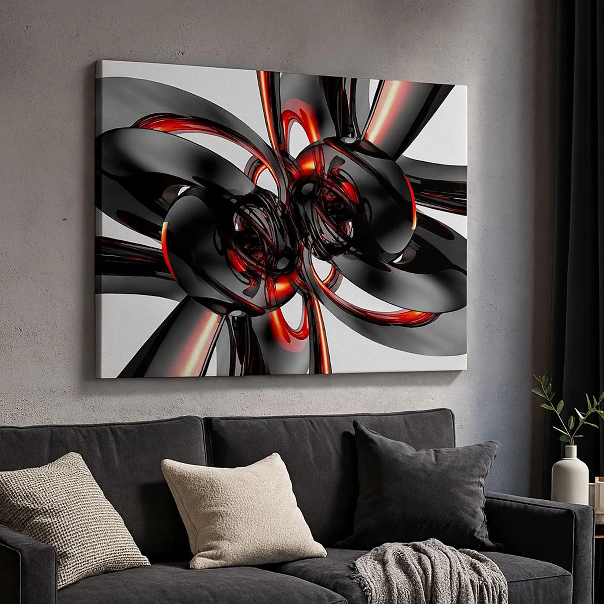 Impression sur toile - Image sur toile - Graphiques 3D abstraits avec des éléments noirs et rouges - 70x50cm - Mouvement de graphite et rouge - Décoration murale moderne pour le salon et la chambre ARTTOR