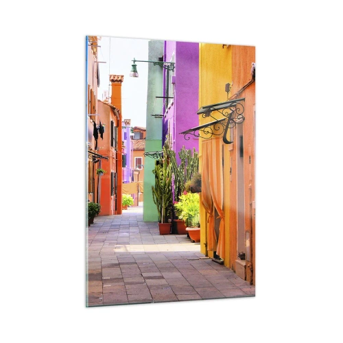 Impression sur verre - Image sur verre - Une rue colorée avec des immeubles aux tons chauds - 50x70cm - Allée arc-en-ciel - Décoration murale moderne pour le salon et la chambre ARTTOR