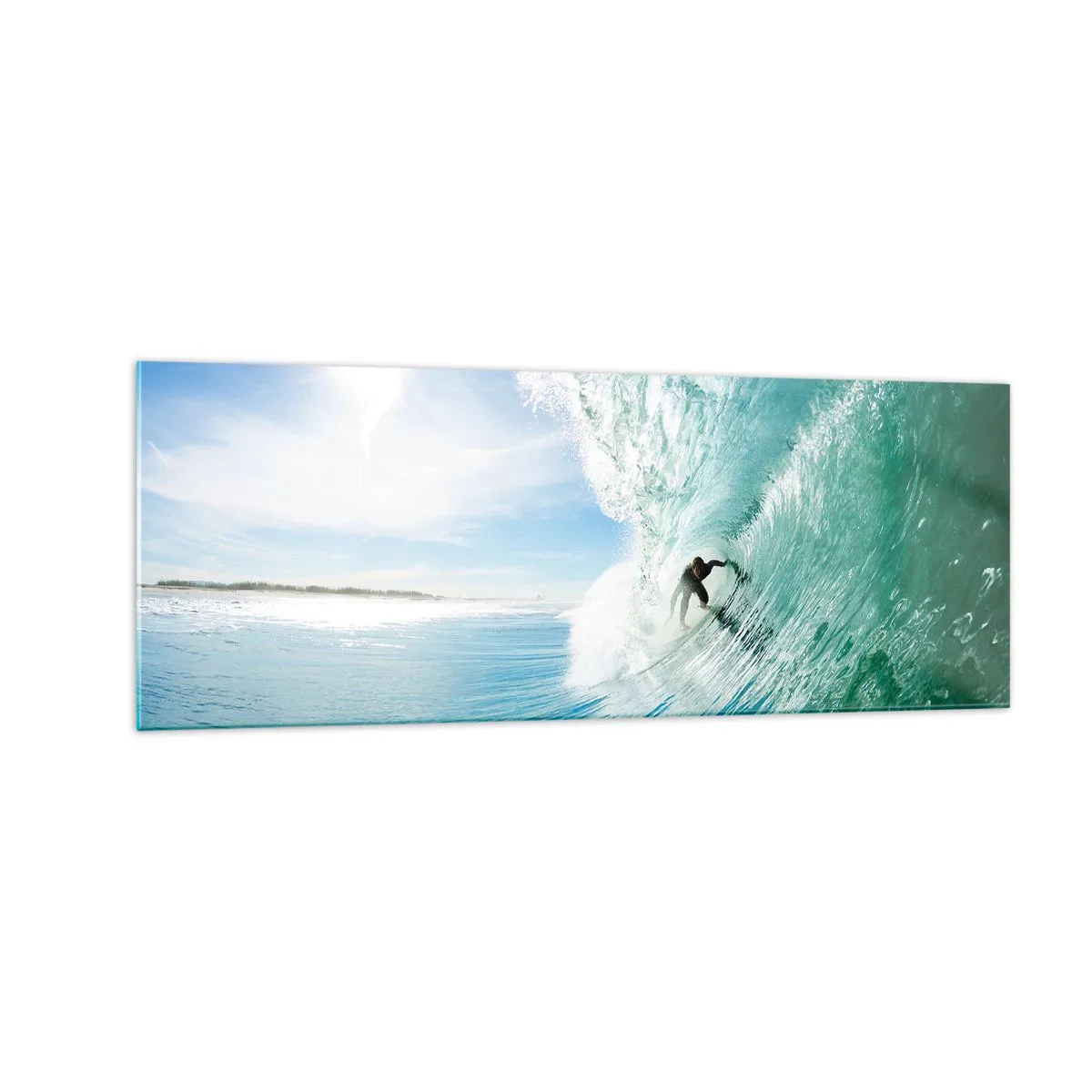 Impression sur verre - Image sur verre - Un surfeur chevauchant une vague au soleil contre un ciel bleu - 140x50cm - Toujours sur la vague - Décoration murale moderne pour le salon et la chambre ARTTOR