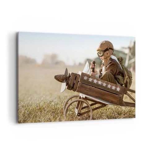 Impression sur toile - Image sur toile - Un enfant dans un avion jouet avec un champ en arrière-plan - 100x70cm - Départ vers un rêve - Décoration murale moderne pour le salon et la chambre ARTTOR