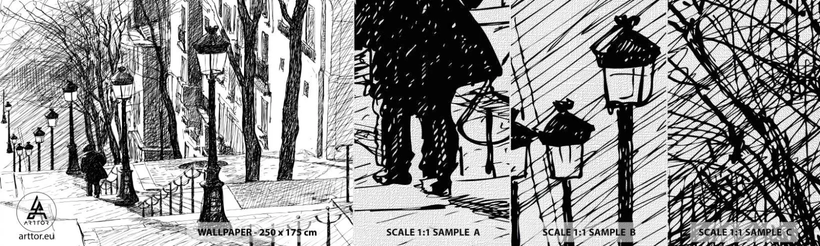 Échantillon de Papier Peint Premium Canvas - Une histoire d'amour ou une histoire d'horreur ? - Montmartre, Architecture, Paris - 100x30 cm