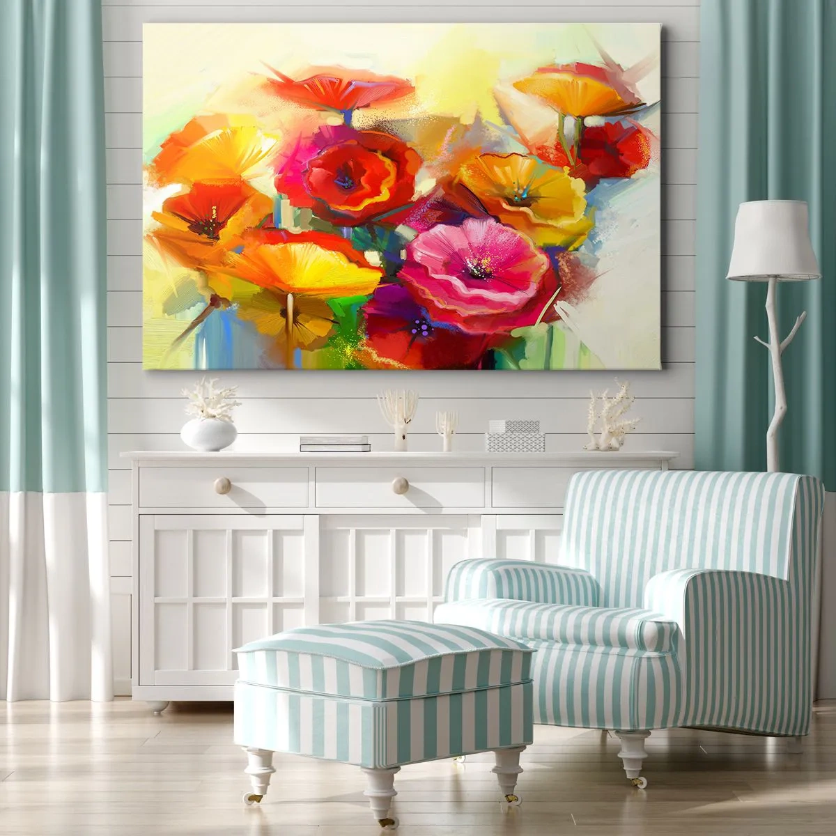Impression sur toile - Image sur toile - Fleurs abstraites colorées sur fond clair - 70x50cm - Pas seulement rouge - Décoration murale moderne pour le salon et la chambre ARTTOR
