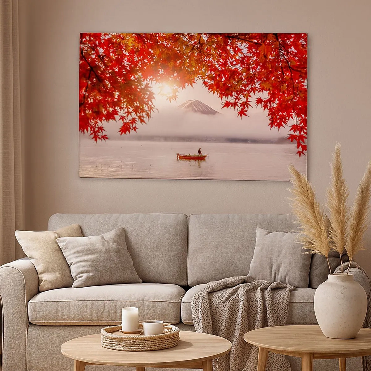 Impression sur toile - Image sur toile - Un bateau sur un lac entouré de feuilles d'érable rouges - 70x50cm - Dans le climat japonais - Décoration murale moderne pour le salon et la chambre ARTTOR