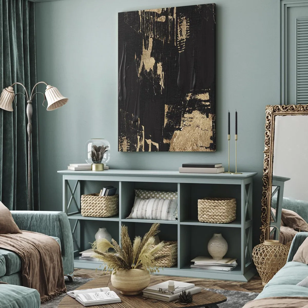 Impression sur toile - Image sur toile - Composition abstraite dans les tons de noir et d'or - 70x100cm - Empreinte du toucher - Décoration murale moderne pour le salon et la chambre ARTTOR