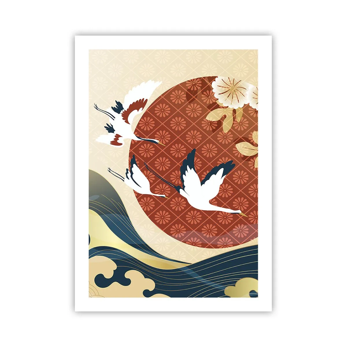 Affiche - Poster - Composition japonaise avec des grues, des vagues et un cercle rouge - 50x70cm - Conte japonnais - Décoration murale moderne pour le salon et la chambre ARTTOR