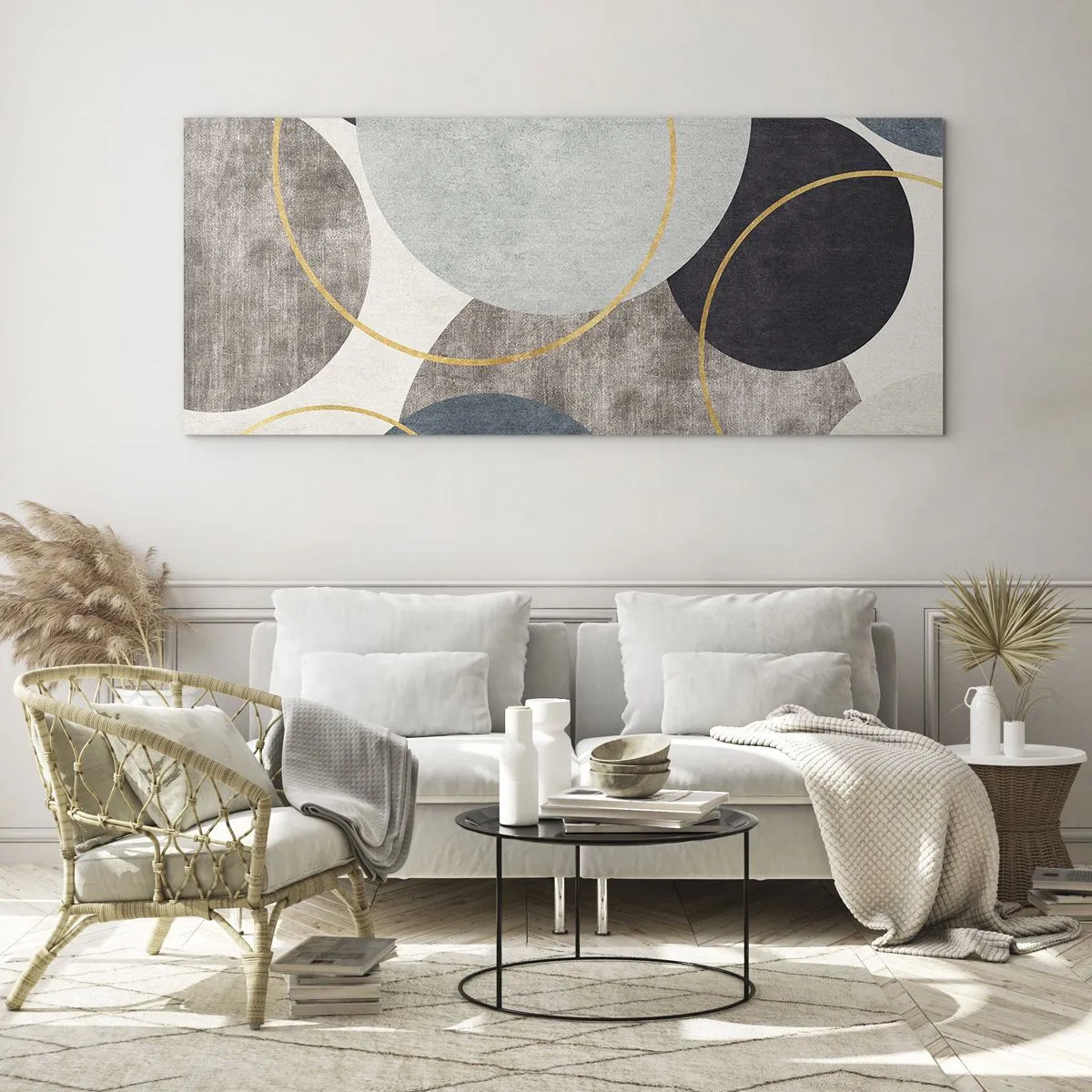 Impression sur verre - Image sur verre - Cercles géométriques dans les tons de gris, bleu et or - 160x50cm - Cercles sur cercles - Décoration murale moderne pour le salon et la chambre ARTTOR