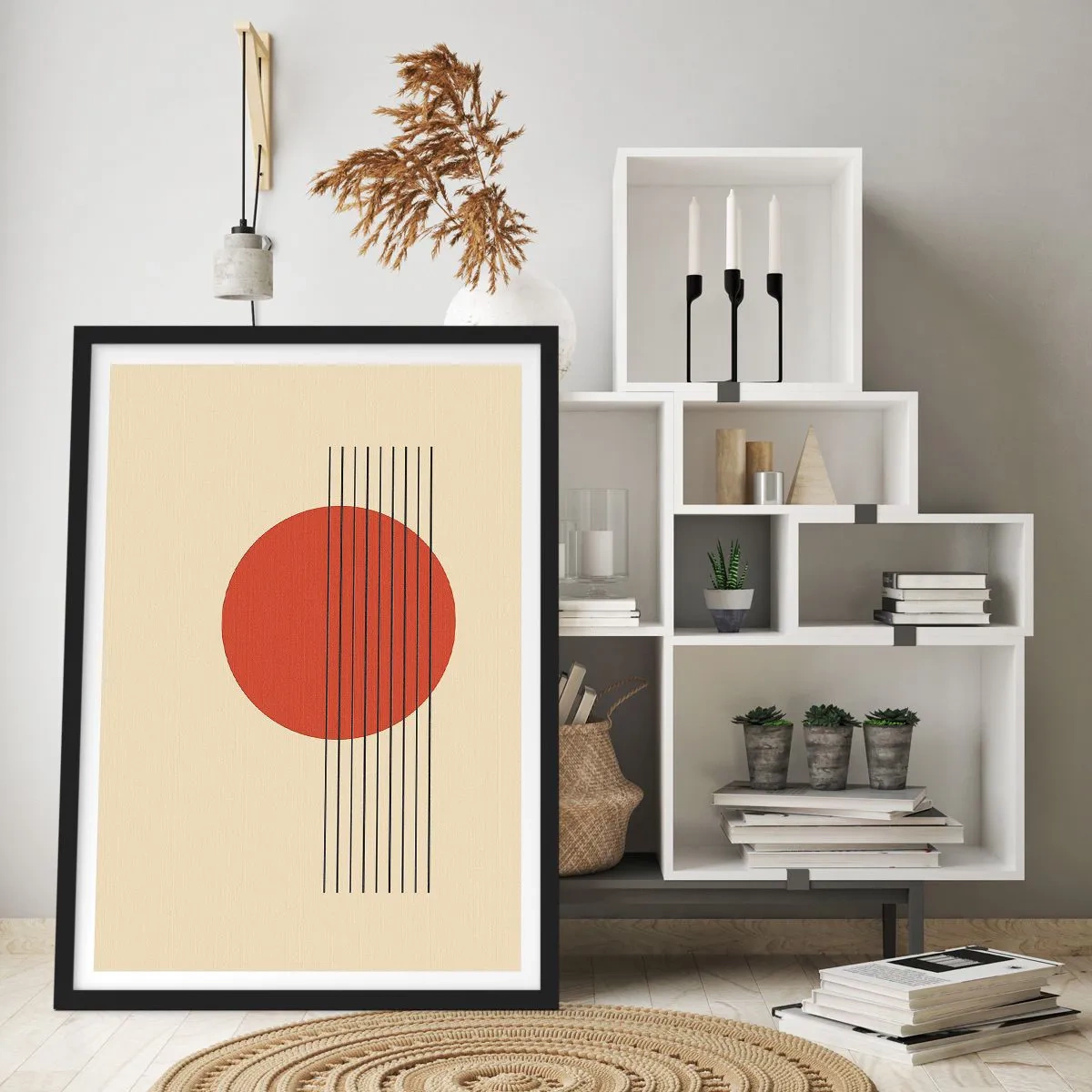 Affiche dans un cadre noir - Poster - Composition géométrique avec un cercle rouge - 50x70cm - Aux alentours et plus loin - Décoration murale moderne pour le salon et la chambre ARTTOR