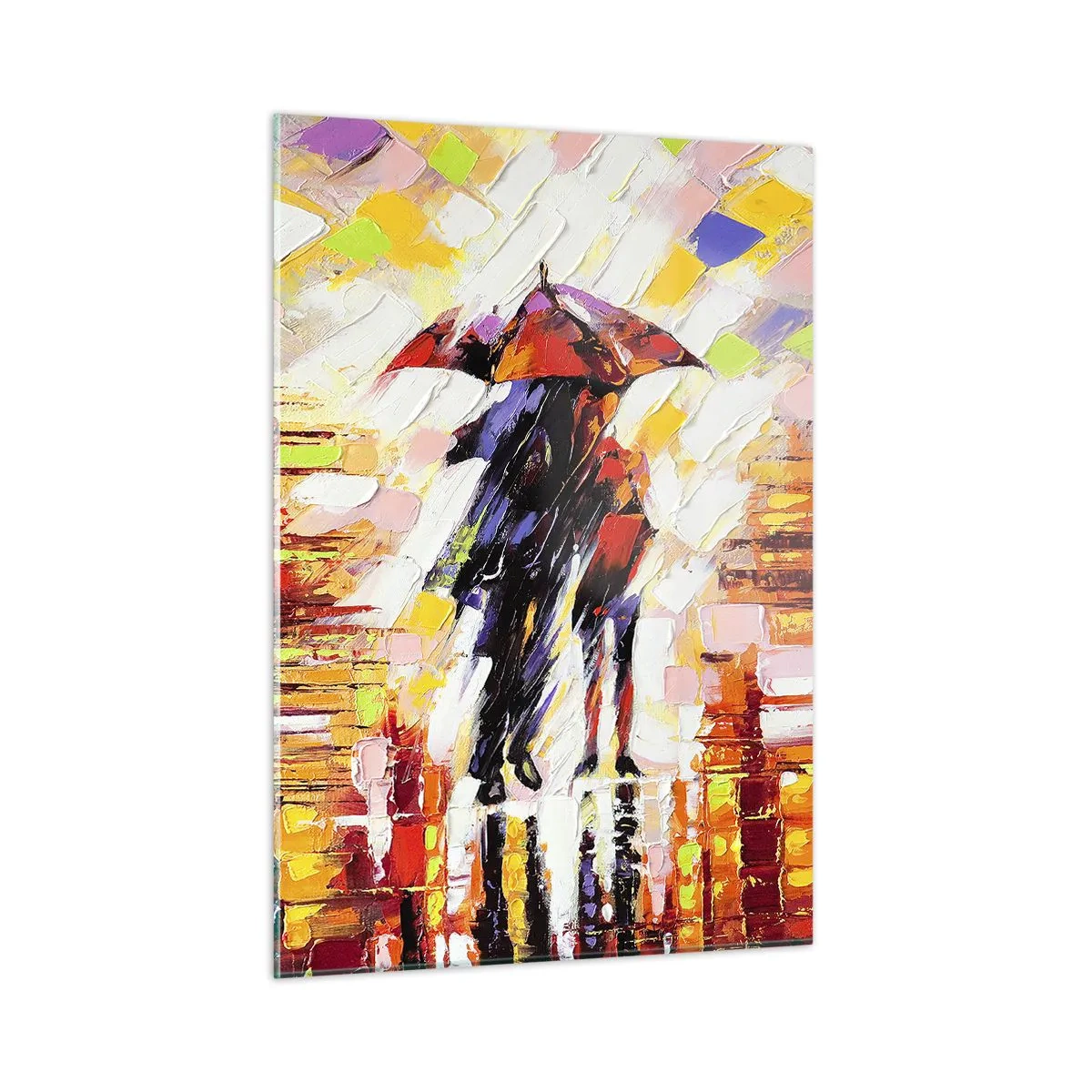 Impression sur verre - Image sur verre - Un couple sous un parapluie rouge dans une ville colorée - 50x70cm - Ensemble à travers la nuit et la pluie - Décoration murale moderne pour le salon et la chambre ARTTOR