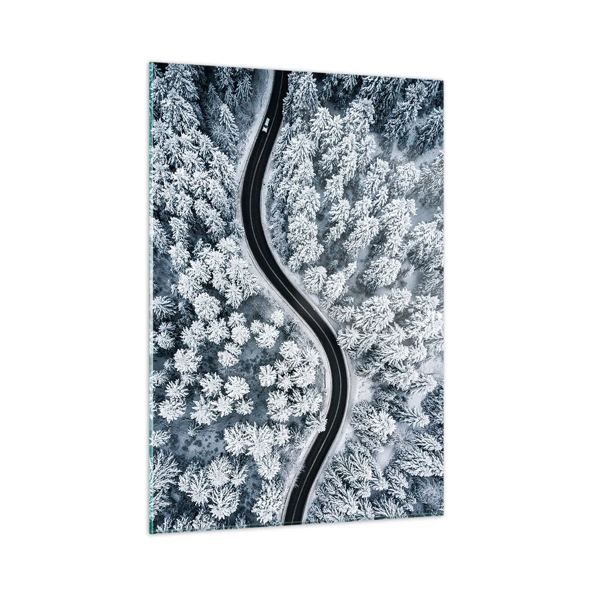 Impression sur verre - Image sur verre - Une route sinueuse à travers une forêt hivernale vue depuis un drone - 50x70cm - À travers une forêt d'hiver - Décoration murale moderne pour le salon et la chambre ARTTOR