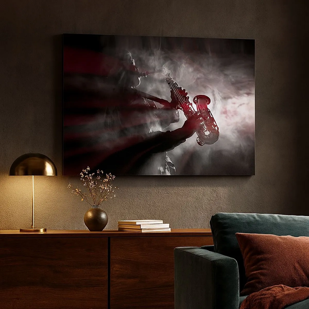 Impression sur toile - Image sur toile - Saxophoniste en fumée sur scène en noir et rouge atmosphérique - 70x50cm - Dans les brumes du jazz - Décoration murale moderne pour le salon et la chambre ARTTOR
