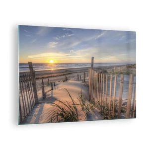 Impression sur verre - Image sur verre - Plage avec dunes au coucher du soleil - 70x50cm - Ombre et brillance du vent - Décoration murale moderne pour le salon et la chambre ARTTOR