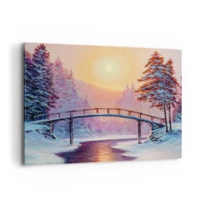 Impression sur toile - Image sur toile - Paysage d'hiver avec un pont illuminé par le coucher du soleil - 100x70cm - Quatre saisons - hiver - Décoration murale moderne pour le salon et la chambre ARTTOR