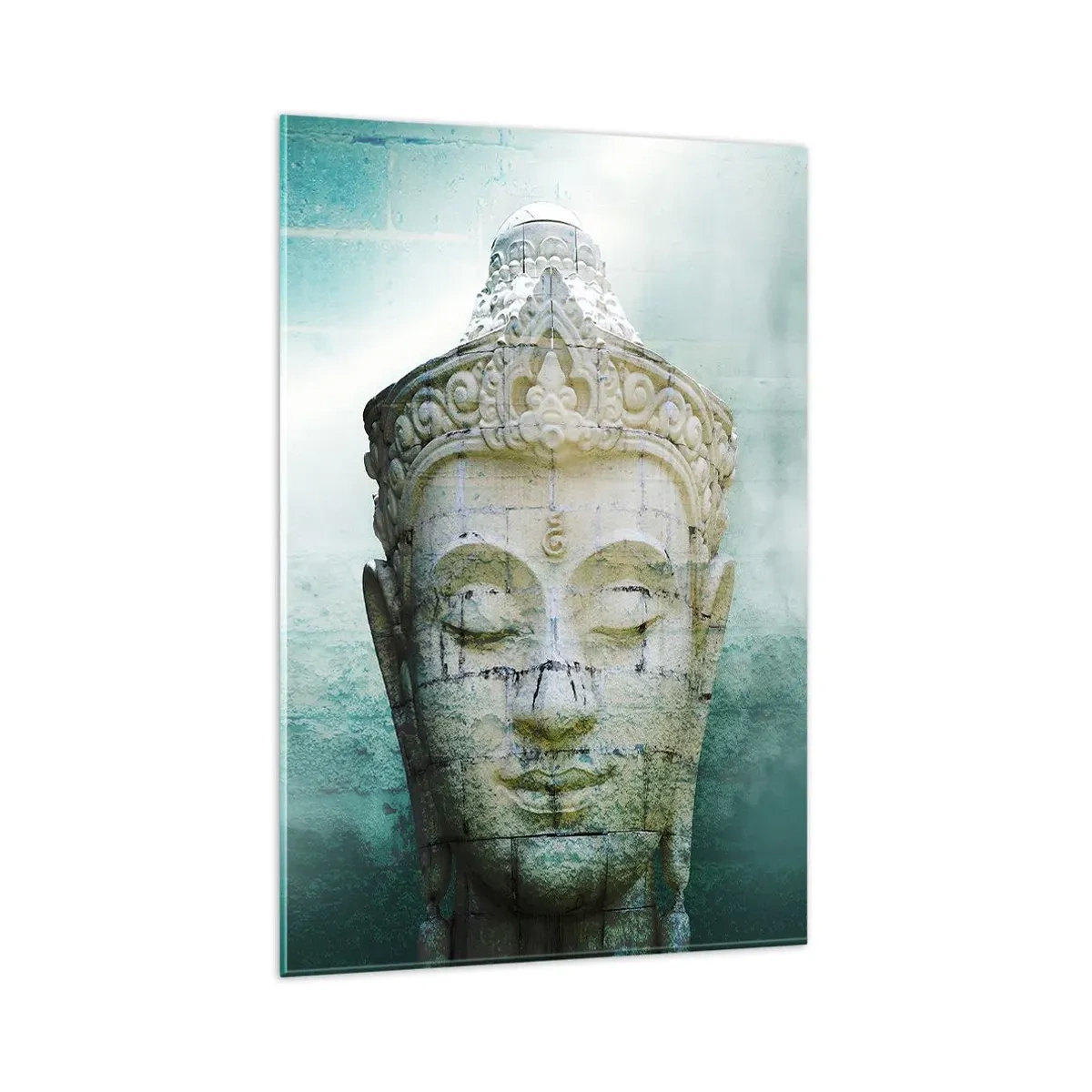 Impression sur verre - Image sur verre - Statue de Bouddha avec une douce brume sur un fond vert - 80x120cm - A la recherche de la lumière - Décoration murale moderne pour le salon et la chambre ARTTOR