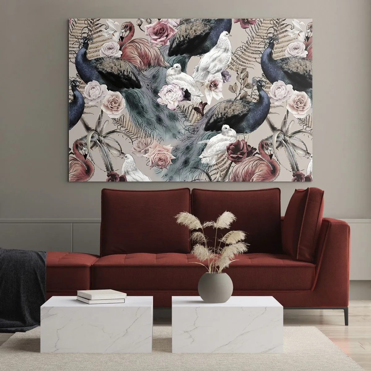 Impression sur verre - Image sur verre - Paons et flamants roses entourés de roses et de fougères - 70x50cm - Dans un jardin de palace - Décoration murale moderne pour le salon et la chambre ARTTOR