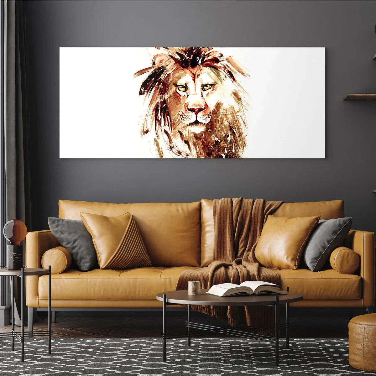 Impression sur verre - Image sur verre - Portrait à l'aquarelle d'un lion aux détails intenses - 160x50cm - Force et dignité - Décoration murale moderne pour le salon et la chambre ARTTOR