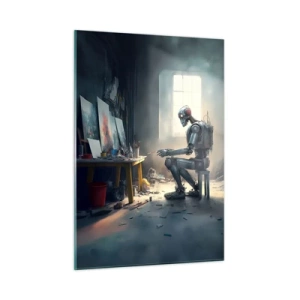 Impression sur verre - Image sur verre - Un robot peignant des tableaux dans un atelier d'art - 50x70cm - L'acte de création - Décoration murale moderne pour le salon et la chambre ARTTOR