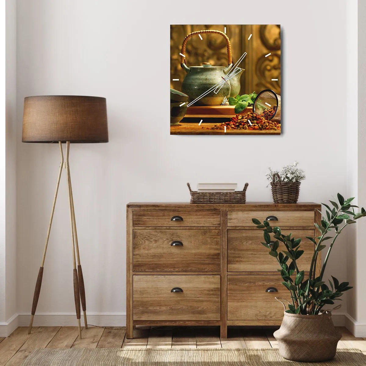 Horloge murale - Pendule murale - Pichet en céramique avec tasses et thé séché - 30x30cm - Un traité sur la consommation de thé - Décoration murale moderne pour le salon et la chambre ARTTOR