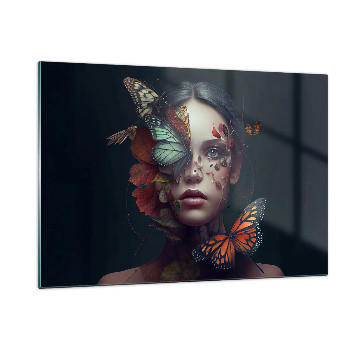 Impression sur verre - Image sur verre - Un visage de femme avec des papillons et des feuilles dans une composition artistique - 120x80cm - Une merveilleuse métamorphose - Décoration murale moderne pour le salon et la chambre ARTTOR
