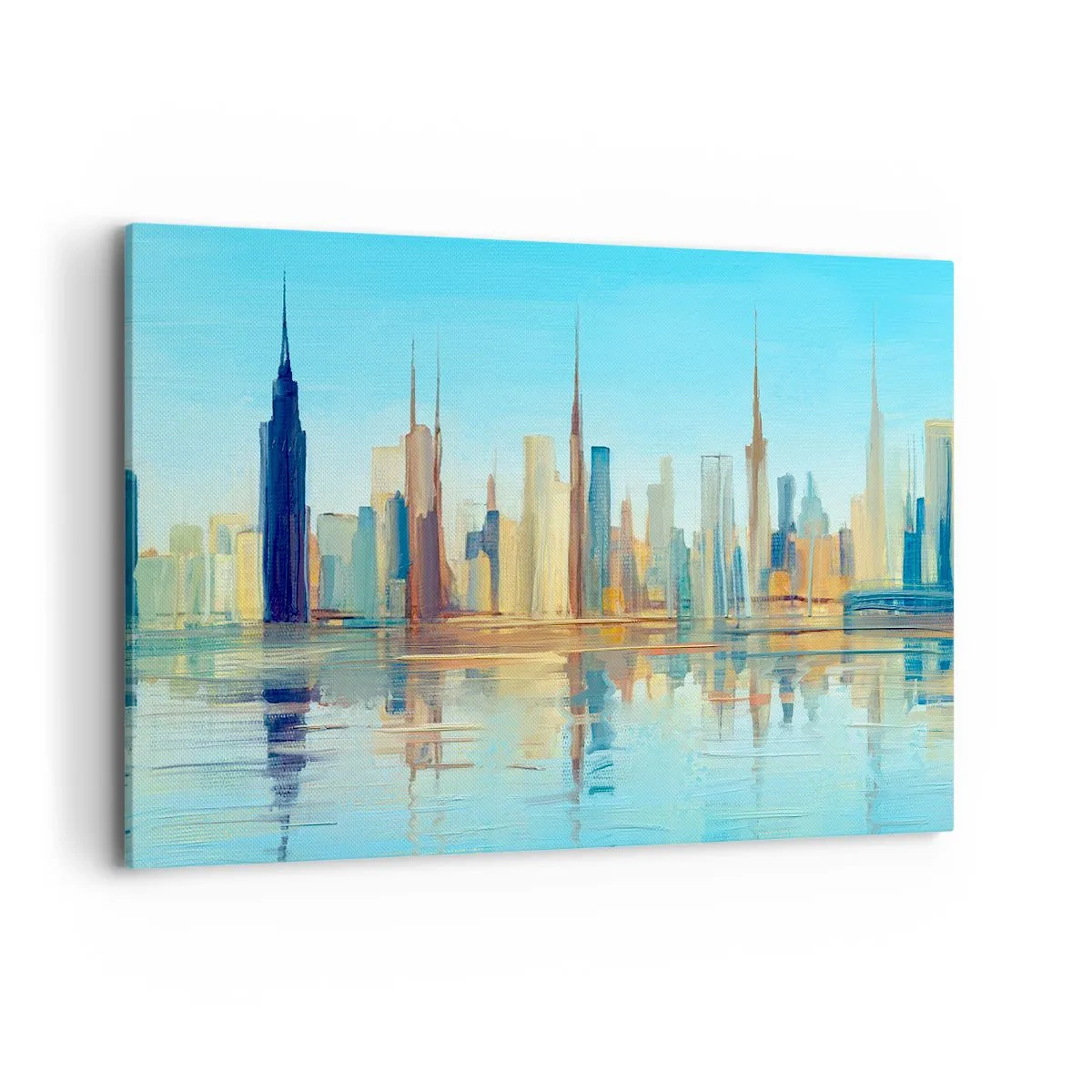 Impression sur toile - Image sur toile - Un panorama de la ville aux couleurs chaudes avec reflet dans l'eau - 120x80cm - Une métropole ensoleillée - Décoration murale moderne pour le salon et la chambre ARTTOR
