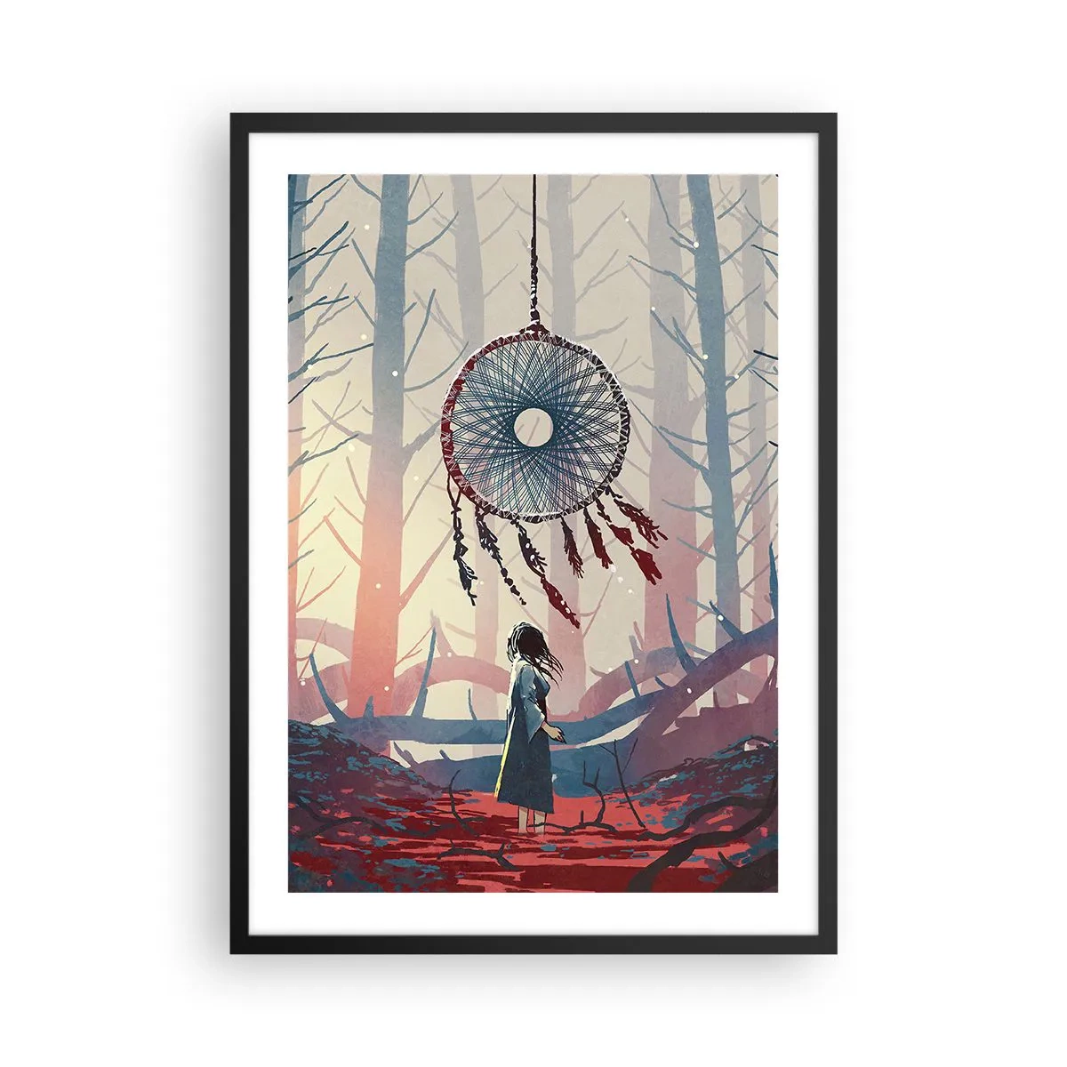 Affiche dans un cadre noir - Poster - Une figure dans la forêt avec un attrape-rêves sur un fond pastel. - 50x70cm - Rituel secret du bonheur - Décoration murale moderne pour le salon et la chambre ARTTOR