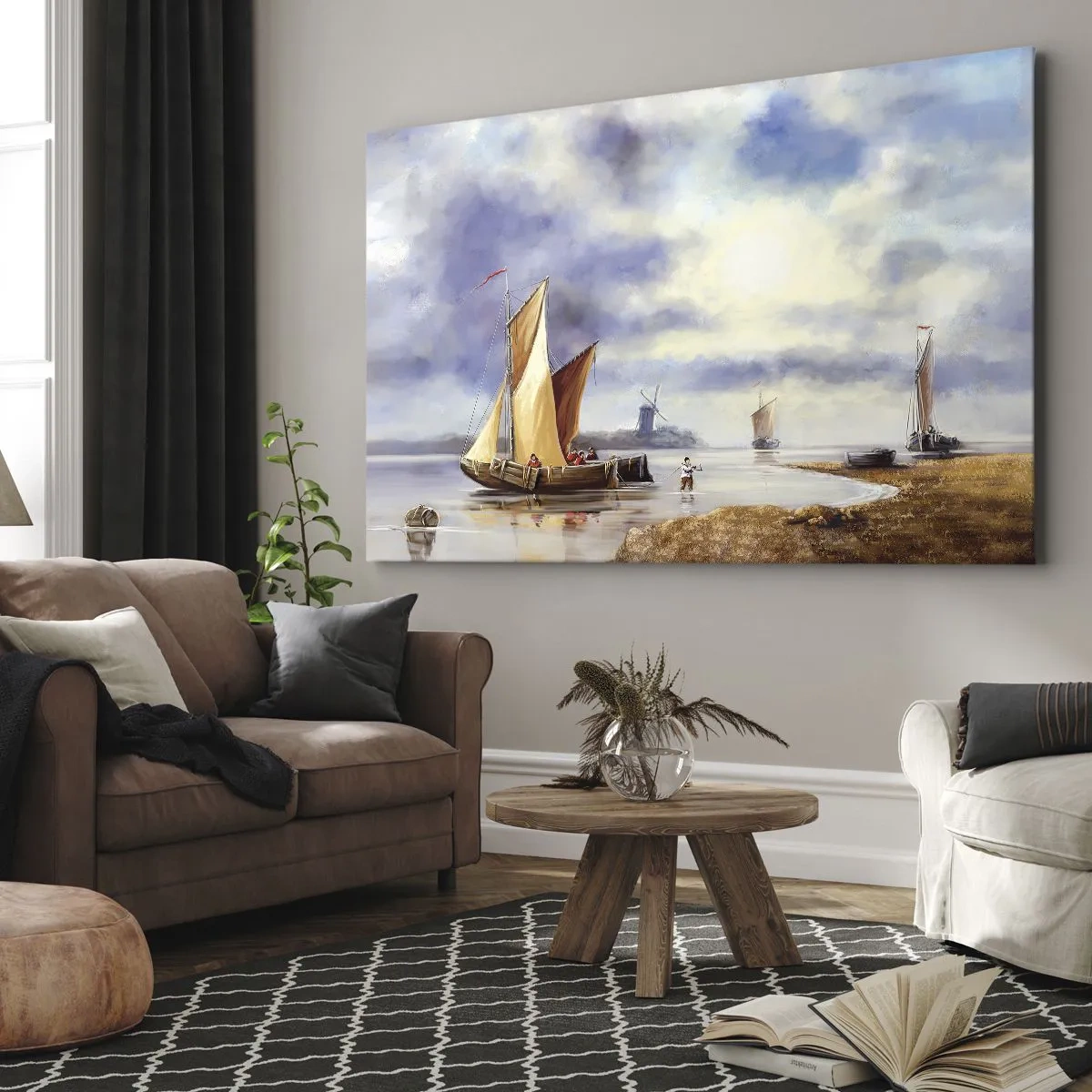 Impression sur toile - Image sur toile - Voiliers sur une eau calme avec des moulins à vent en arrière-plan - 70x50cm - Retour de marin - Décoration murale moderne pour le salon et la chambre ARTTOR
