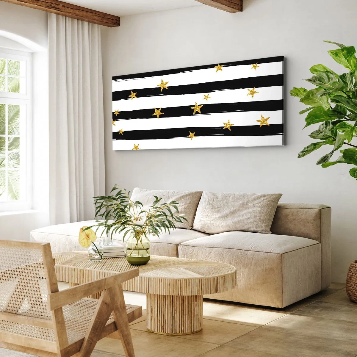 Impression sur toile - Image sur toile - Rayures noires et blanches avec étoiles dorées - 120x50cm - Nous sommes tous nés sous une bonne étoile - Décoration murale moderne pour le salon et la chambre ARTTOR