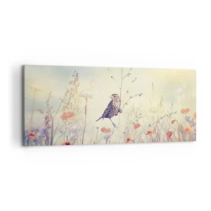 Impression sur toile - Image sur toile - Un oiseau sur fond de prairie colorée aux couleurs pastel - 120x50cm - Portrait d'oiseau sur pré en fond - Décoration murale moderne pour le salon et la chambre ARTTOR