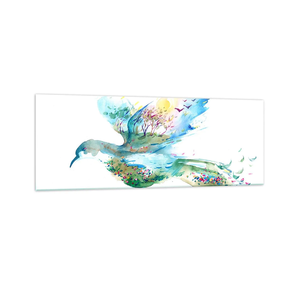Impression sur verre - Image sur verre - Composition à l'aquarelle d'un oiseau avec des éléments de la nature - 140x50cm - Sur les ailes de la nature - Décoration murale moderne pour le salon et la chambre ARTTOR