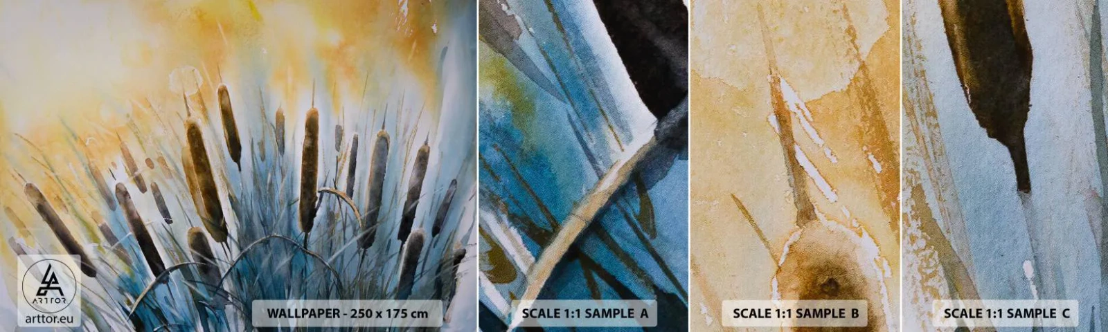 Échantillon de Papier Peint Autocollant Deluxe Sticker - Fraicheur de l'eau, chaleur du soleil - Canne, Paysage, Fleurs - 100x30 cm