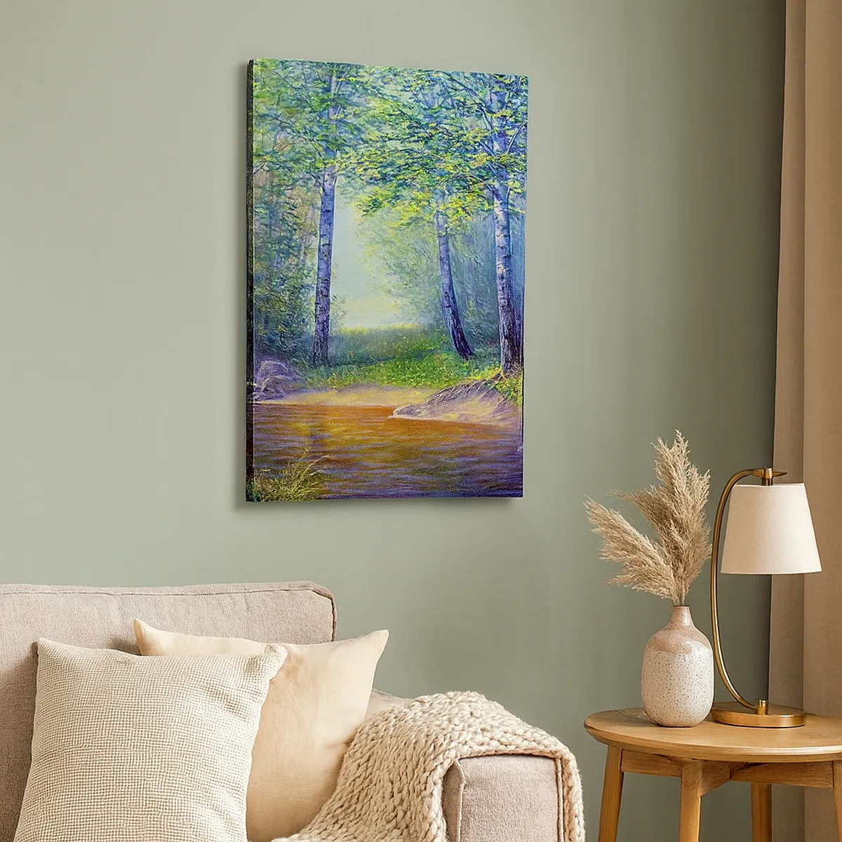 Impression sur toile - Image sur toile - Un ruisseau forestier entouré de bouleaux et de soleil - 50x70cm - Paysage idyllique - Décoration murale moderne pour le salon et la chambre ARTTOR