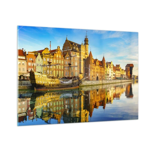 Impression sur verre - Image sur verre - La vieille ville de Gdańsk avec un reflet dans l'eau - 100x70cm - Reflet dans le miroir du passé - Décoration murale moderne pour le salon et la chambre ARTTOR