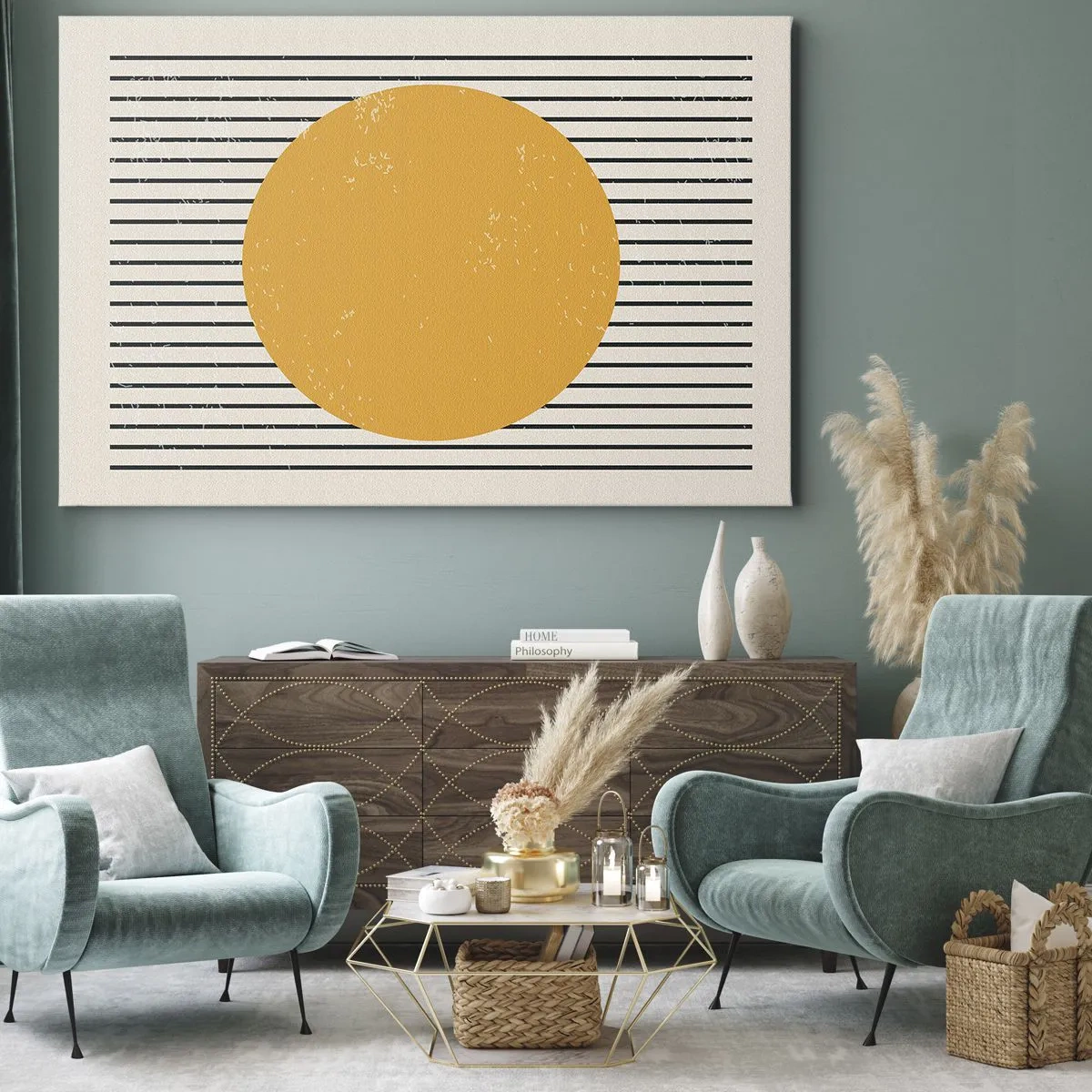 Impression sur toile - Image sur toile - Un cercle jaune sur un fond de lignes horizontales noires et blanches - 70x50cm - Le pouvoir de la simplicité - Décoration murale moderne pour le salon et la chambre ARTTOR