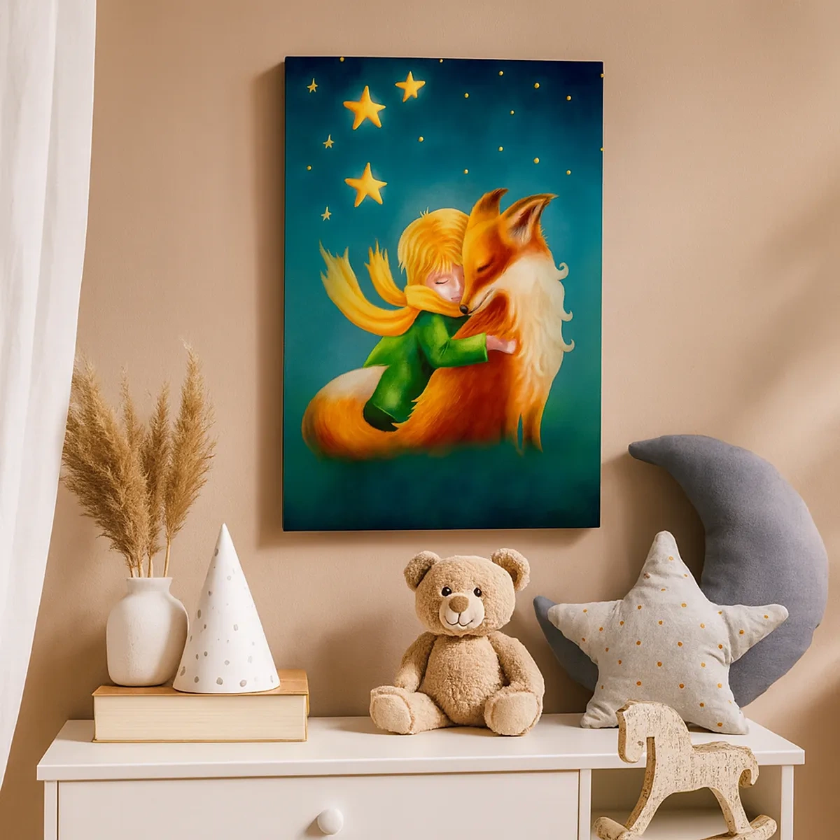 Impression sur toile - Image sur toile - Un garçon avec un renard dans un décor magique avec des étoiles - 50x70cm - Petit Prince - Décoration murale moderne pour le salon et la chambre ARTTOR