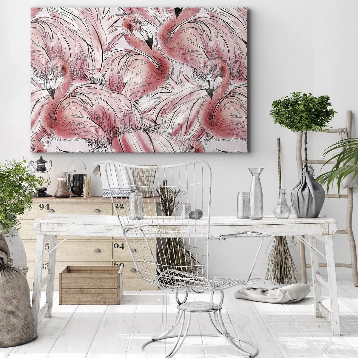 Impression sur toile - Image sur toile - Dessins délicats de flamants roses - 100x70cm - Oiseau corps de ballet - Décoration murale moderne pour le salon et la chambre ARTTOR