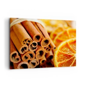Impression sur toile - Image sur toile - Bâtons de cannelle avec des tranches d'orange séchées aux couleurs chaudes - 120x80cm - Sentez-vous leurs odeurs? - Décoration murale moderne pour le salon et la chambre ARTTOR